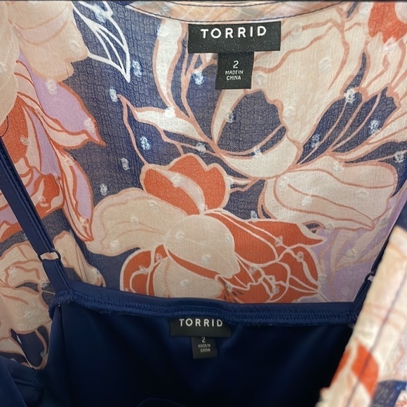 Torrid size 2 NAVY FLORAL SWISS DOT BUTTON DOWN TEA LENGTH DRESS - Picture 9 of 12